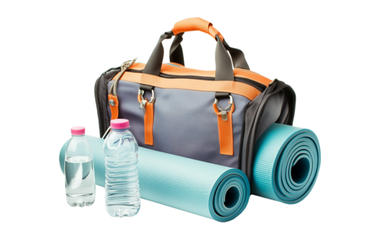 Photo of a sports bag with yoga mat on Transparent PNG format Background.