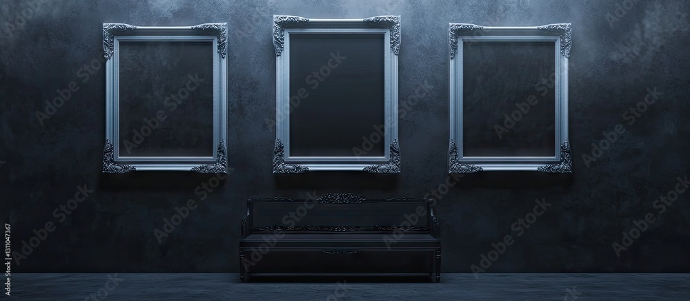 Fototapete Three ornate white museum frames arranged symmetrically on a dark grey wall with subtle lighting and a centered empty seating bench below.