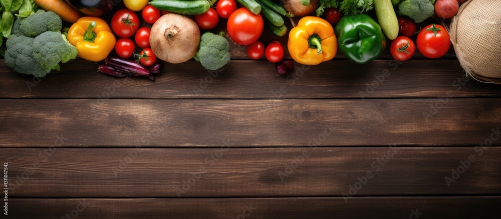 Poster Top view of a rustic wooden table displaying a variety of colorful vegetables and fruits in a net bag with ample blank space for text