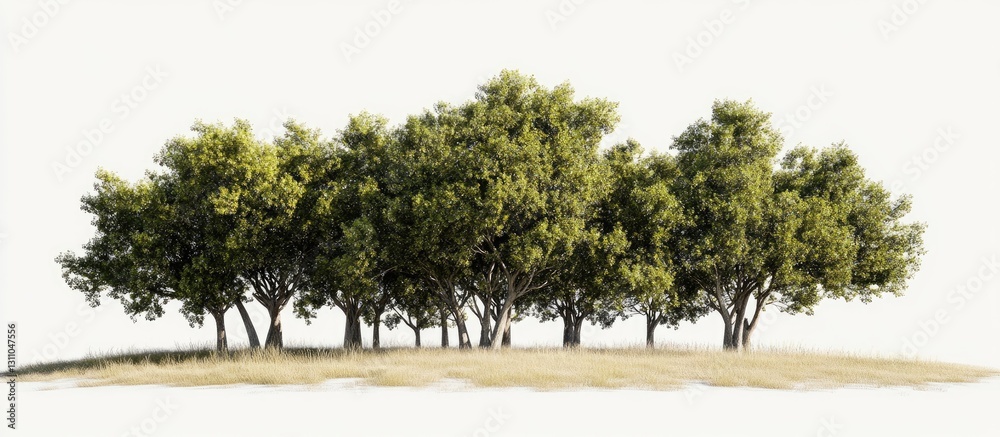 Poster lush green trees forming a harmonious grove on a grassy hill under a soft light, highlighting nature