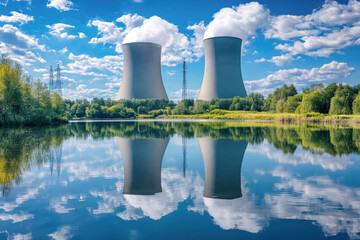 Captivating nuclear power plant towers reflecting on serene river under a vibrant blue sky with fluffy clouds