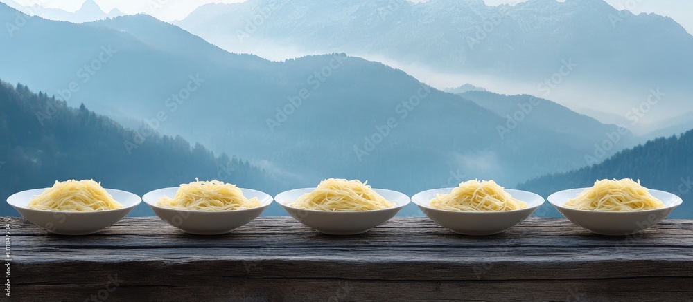 Poster Three white plates of spaghetti arranged in a row on a rustic wooden table with misty mountain backdrop in soft blue and gray tones.