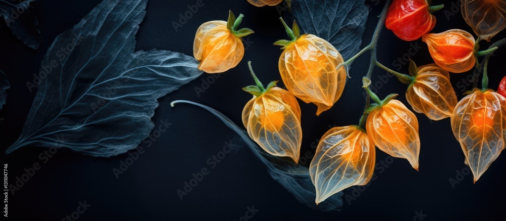 Poster golden winter cherries physalis arranged artistically on a dark background with vibrant green leaves