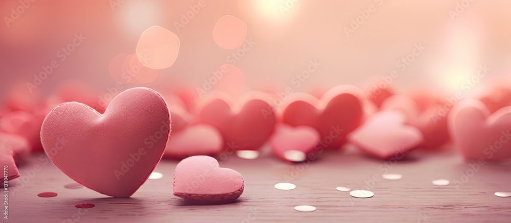 Poster soft pink hearts scattered on a delicate tissue background with blurred warm lights, creating a roma