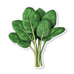 Fresh and Crisp Spinach Leaves with Detailed Veins on White Background in Sticker Style - Photorealistic Food Photography Concept