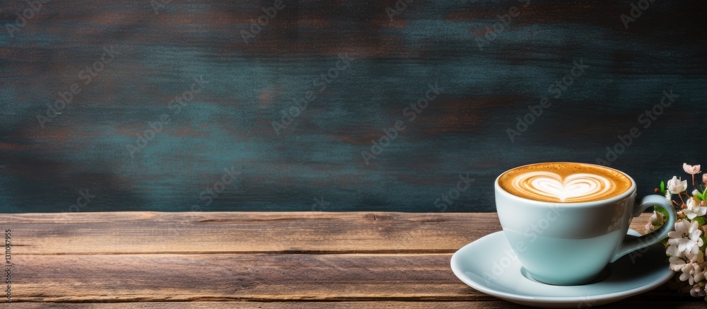 Poster top view of a light blue coffee cup with heart latte art on a dark wooden table with a faded chalkbo