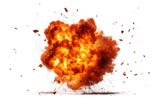 Photograph of a fiery explosion, isolated on Transparent PNG format Background. 
