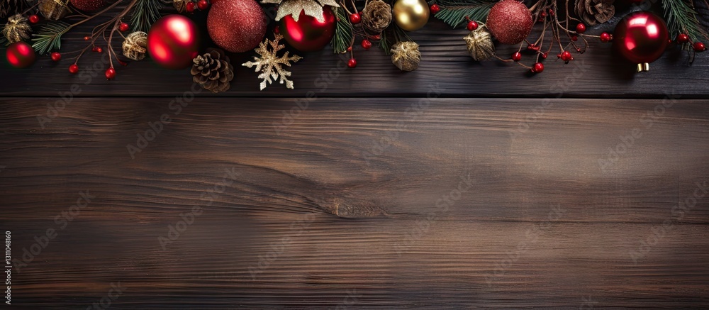 Aufkleber christmas decorations in red and gold with pinecones and berries arranged atop a rustic wooden backg