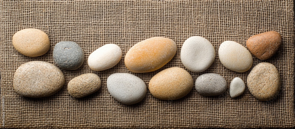 Aufkleber Smooth decorative pebbles of various sizes and colors arranged on a textured burlap background with natural earthy tones in a horizontal line.