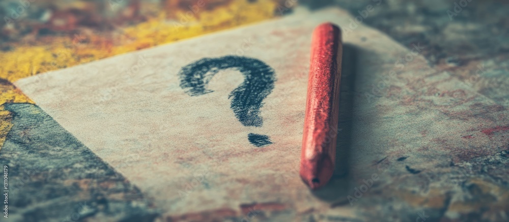 Poster question mark drawn on a textured paper background with colorful splotches crayon lying beside it in