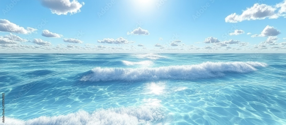 Poster tranquil blue ocean waves shimmer under sunlight with white foam atop, surrounded by fluffy clouds i