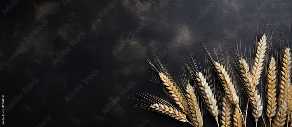 Poster golden wheat stalks arranged diagonally on the top left against a dark textured stone background wit