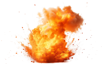 Photograph of a fiery explosion, isolated on Transparent PNG format Background. 