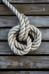 Fototapeta premium A knot of nautical rope on the wooden deck of a ship. An old mooring rope is tangled into a secure knot.