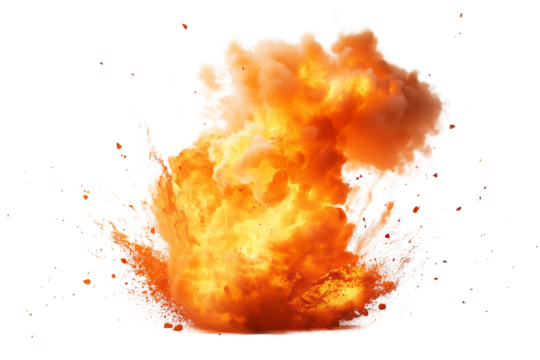 Photograph of a fiery explosion, isolated on Transparent PNG format Background. 