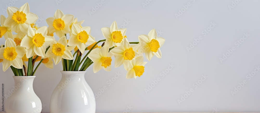 Fototapete bright daffodils in white vases against a light gray background with ample copy space showcasing fre