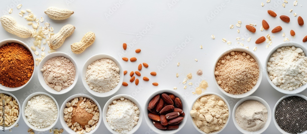 Aufkleber Variety of protein powders in white bowls arranged in a row with nuts and seeds on a white background creating a clean minimalist layout