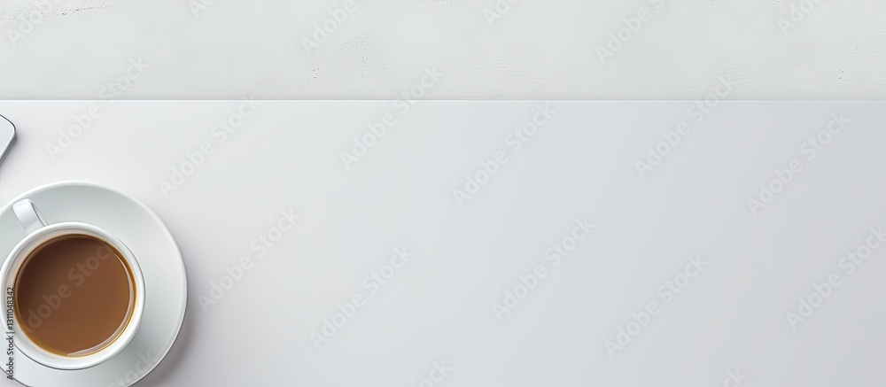 Poster White office desk from top view featuring coffee cup on left and ample copy space on right with minimalistic supplies arranged neatly.