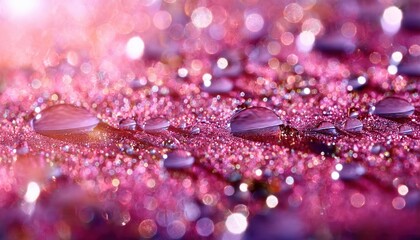 glistening water droplets on vibrant pink surface with soft bokeh effect for background, texture, or design projects