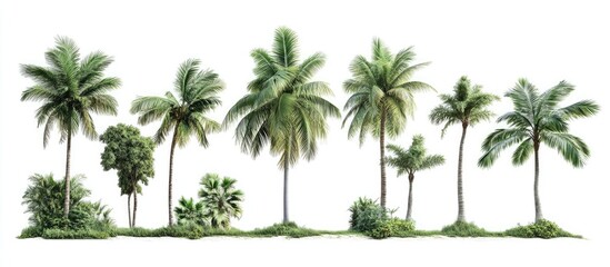 Tropical palm trees with lush green foliage aligned in a row on a clean white background ideal for architectural design and decoration purposes