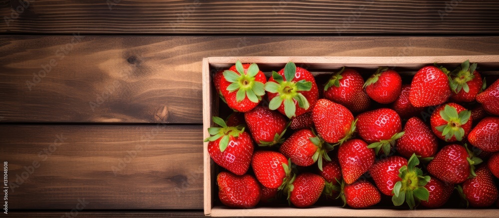 Poster Crate of ripe red strawberries on a dark wooden background with green leaves creating ample copy space on the right side for text or graphics