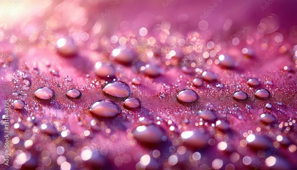 Poster glistening water droplets on vibrant pink surface with soft bokeh effect for background, texture, or design projects