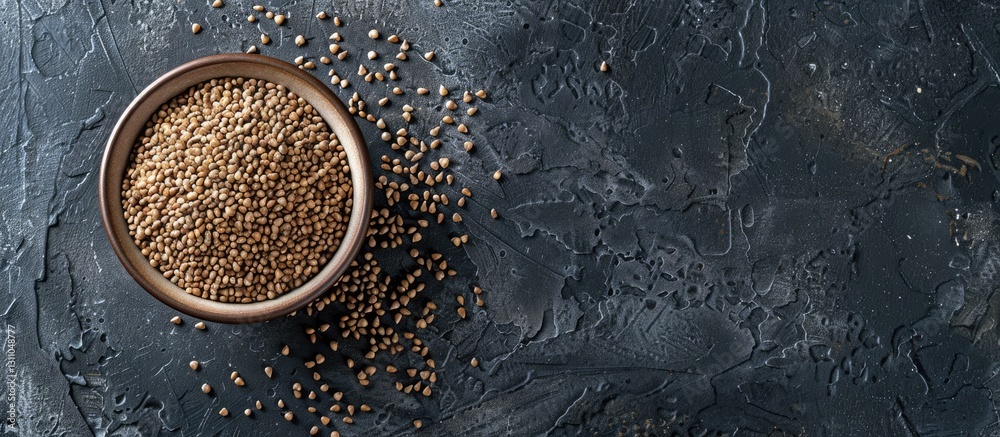 Poster bowl of buckwheat grains on a dark textured concrete surface with scattered grains in earthy tones c