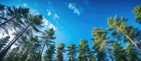 Obraz premium Lush green pine trees reaching upwards against a bright blue sky with scattered white clouds, creating a serene natural landscape.