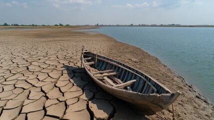 Obraz premium A stranded boat in a dried-up lakebed, showing the severe impact of droughts.