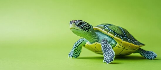 Realistic turtle with detailed shell in shades of green and yellow on a vibrant green background ideal for promoting World Turtle Day and environmental awareness.