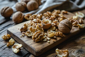 Fototapeta premium Walnuts whole unpeeled and cracked peeled on a wooden board on a rustic table.