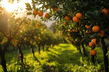 A garden of orange trees at sunset. A ripe crop of citrus fruits on a farm on a summer day.