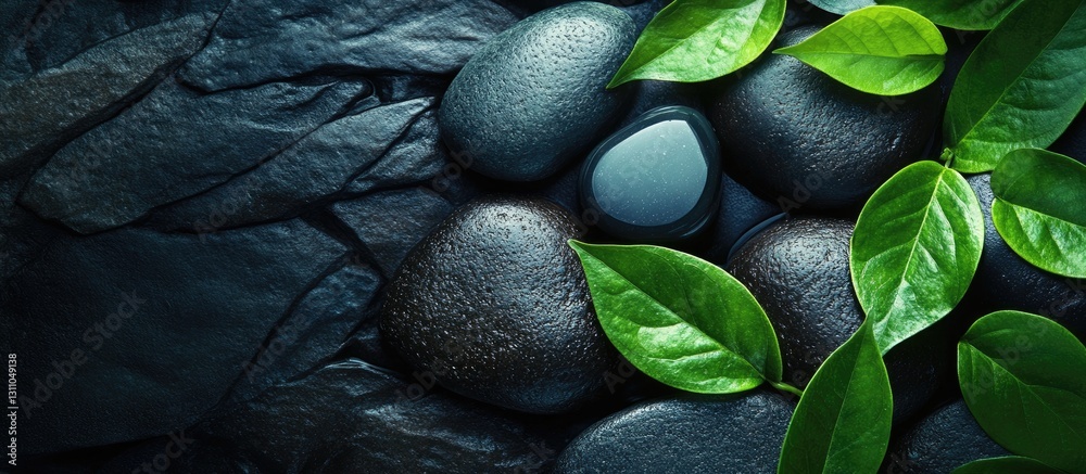 Poster smooth black stones arranged with fresh green leaves on a dark slate background, creating a tranquil