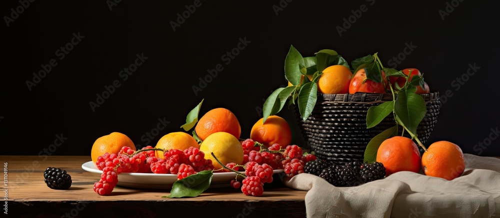 Poster vibrant still life featuring fresh tangerines and red berries arranged on a rustic wooden table with