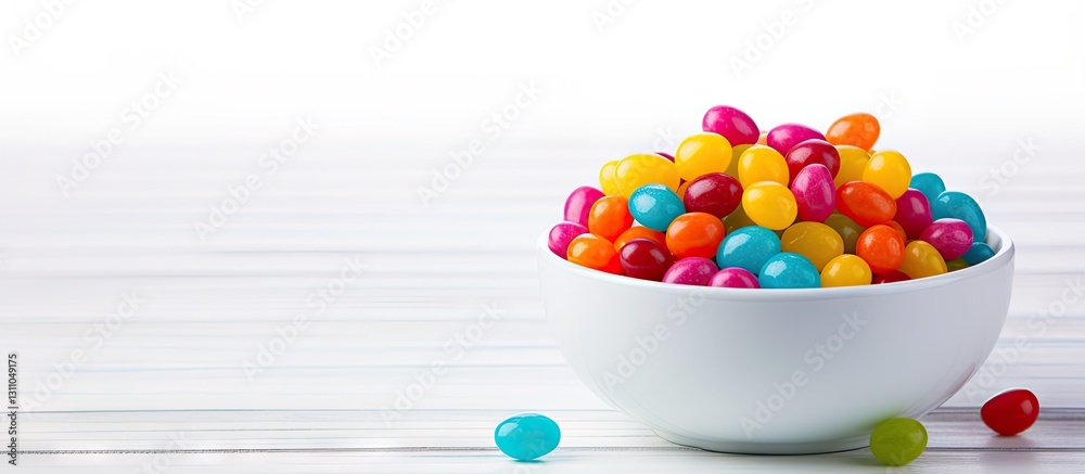 Poster vibrant jelly beans in a white bowl on a light wooden surface with ample negative space for text cre