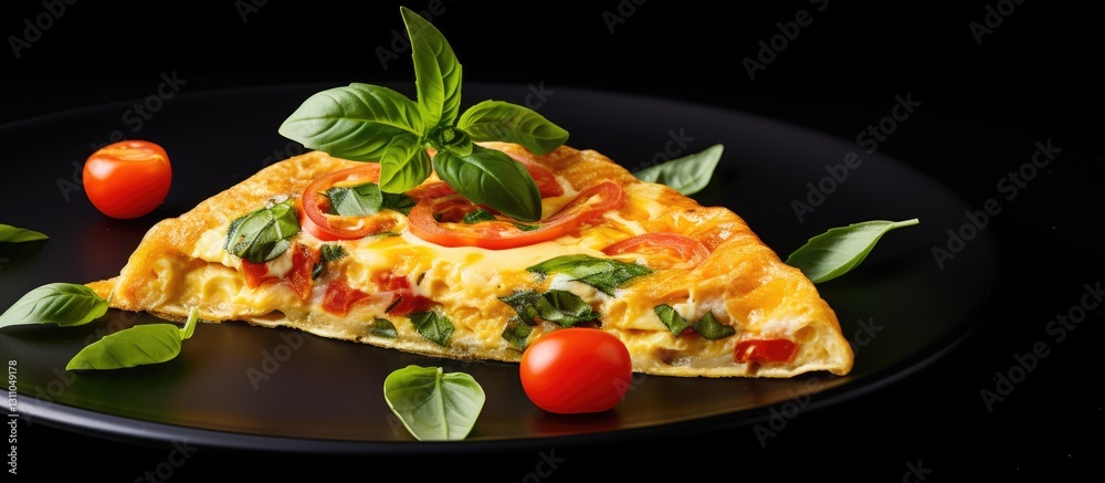 Aufkleber Omelette garnished with fresh basil leaves and cherry tomatoes on a dark plate creating an appetizing composition with copy space for text.
