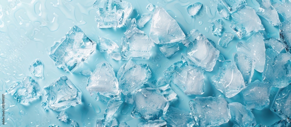 Leinwandbilder Crushed ice scattered on a light blue background with clear copy space for text positioned centrally in the composition for visual appeal.