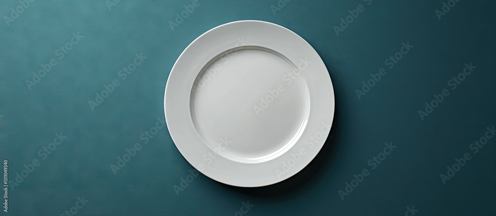 Poster elegant white plate centered on a dark teal background, showcasing simplicity and minimalism, ideal 