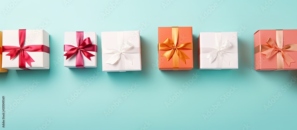Poster colorful arrangement of white gift boxes with ribbons on a turquoise background, creating a festive 
