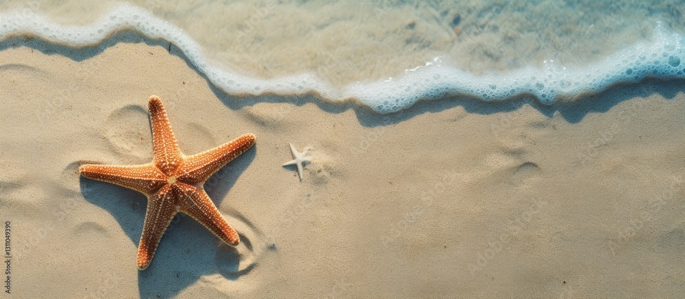 Poster Starfish and small shell on sandy beach background with gentle waves in light blue and beige tones offering ample space for text placement