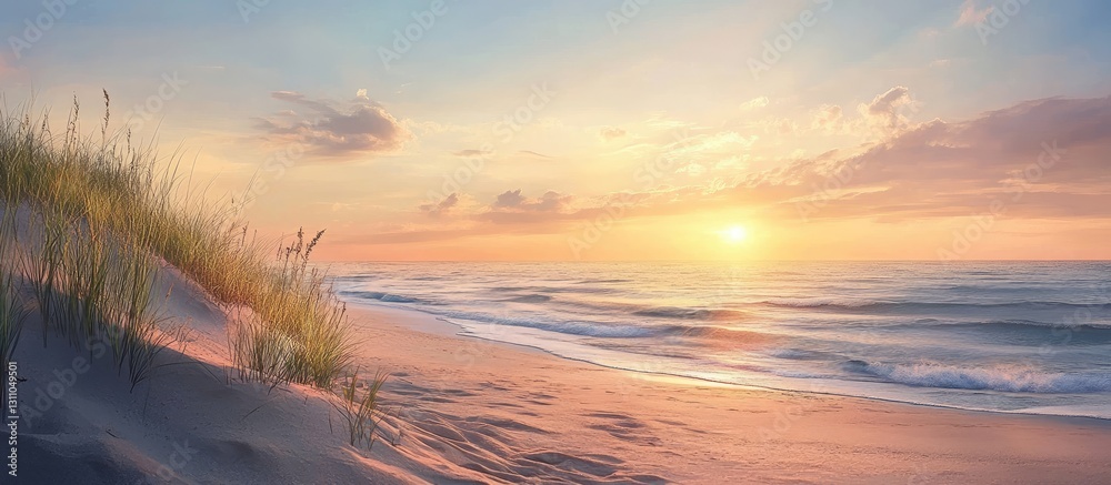 Poster Coastal sunset with warm oranges and soft pinks reflecting on calm sea waves and sandy beach, with green grass gently swaying in the foreground.