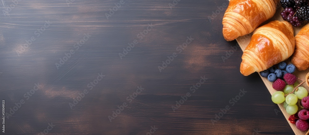 Poster delicious breakfast spread with golden croissants and assorted fresh fruits on a dark wooden table t