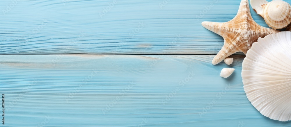 Poster Top view of assorted sea shells including a starfish on a light blue wooden background with horizontal lines and a soft textured surface.