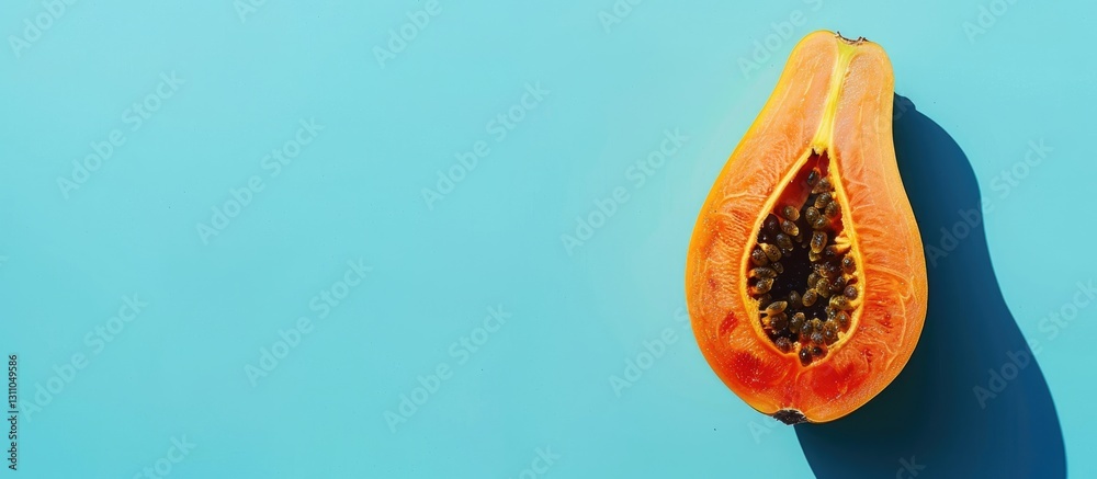 Poster top view of a vibrant orange papaya half with glossy seeds on a bright blue background, featuring am