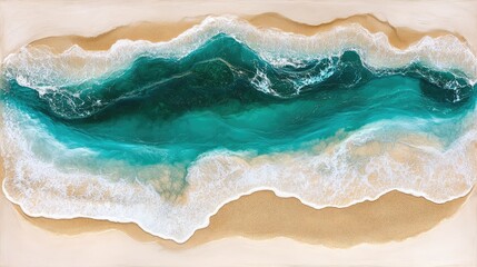 Obraz premium A top view of a golden beach with soft sand, gentle waves, and turquoise waters.