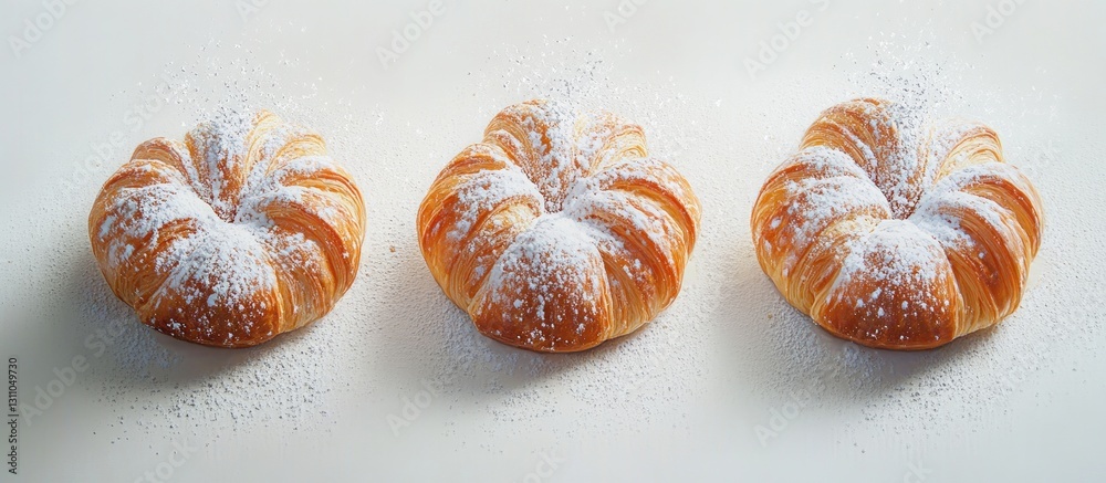 Poster golden brown croissants topped with powdered sugar arranged in a row on a white background highlight