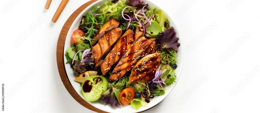 Aufkleber teriyaki chicken salad bowl featuring vibrant greens and grilled chicken slices against a white back