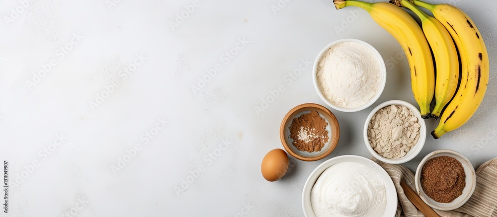 Poster Ingredients for banana bread arranged in bowls on light gray surface with ripe bananas and ample copy space for text on the right side