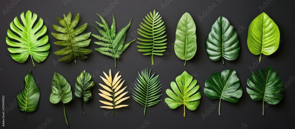 Poster variety of lush green tropical leaves arranged in a horizontal line on a dark textured background sh