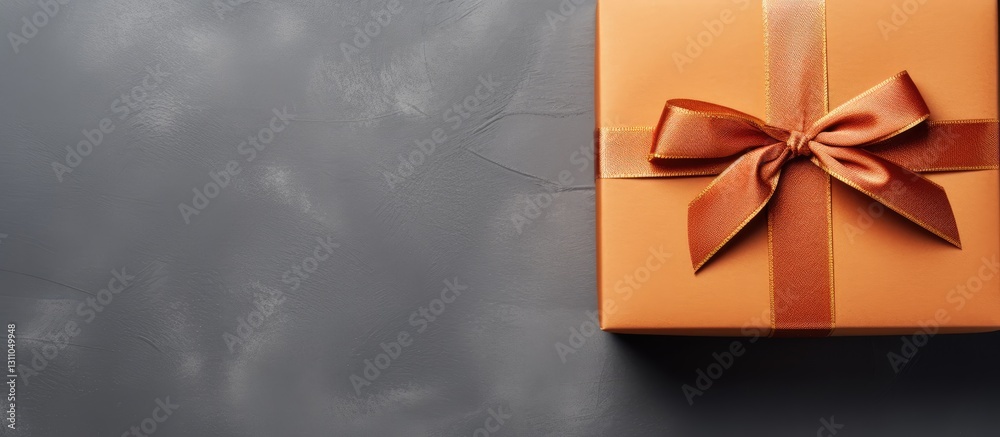 Poster orange gift box with a brown ribbon positioned in the upper left corner on a dark concrete backgroun